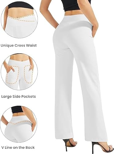 G4Free Yoga Pants for Women Wide Leg Joggers Trousers Crossover High Waist Loose Stretch Work Dress Casual Lounge Pants with Pockets(Tall,White,M) - Image 3