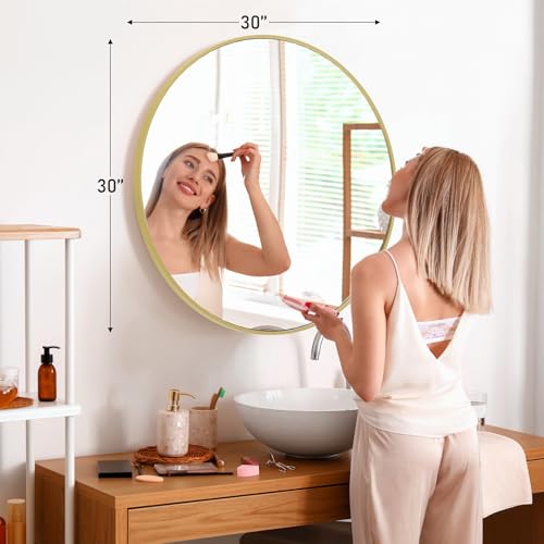 Image of DUMOS Gold Circle Mirror for Wall 30.02 inch, Bathroom Round Wall Mirror for Over Sink, Bathroom, Entryway, Bedroom, Vanity, Shatterproof& Crystal-Clear