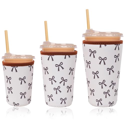 Image of Reusable Insulated Neoprene Iced Coffee Cup Sleeve, Durable Drink Sleeve for Cold Beverages, Beverage Holder for Iced Coffee (Cream Bow)