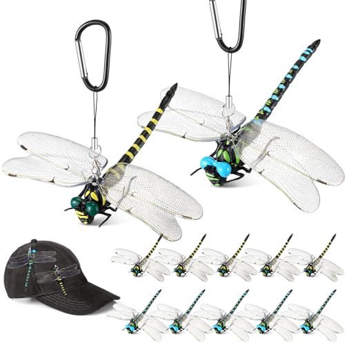 Qualirey 12pcs Dragonfly Hat Clip Realistic Simulated Dragonfly with Hook Clip Attach to Backpack Hat for Indoor Yard Garden Plant Decor (Yellow,Blue)