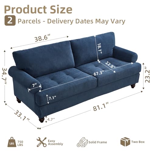 ParlorDream 81” Rolled Arm Sofa Couch with Storage, Mid Century Modern Decor Loveseat Couches for Living Room, Button Tufted Upholstered Small Couch for Bedroom, Apartment (Blue)