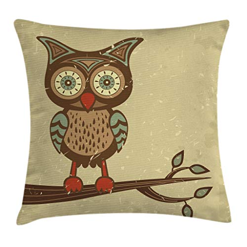 Ambesonne Owl Throw Pillow Cushion Cover, Owl Sitting On Branch Eyesight Animal Humor Pastel Retro Modern Graphic, Decorative Square Accent Pillow Case, 16" X 16", Brown Cream Red Teal #TOP17