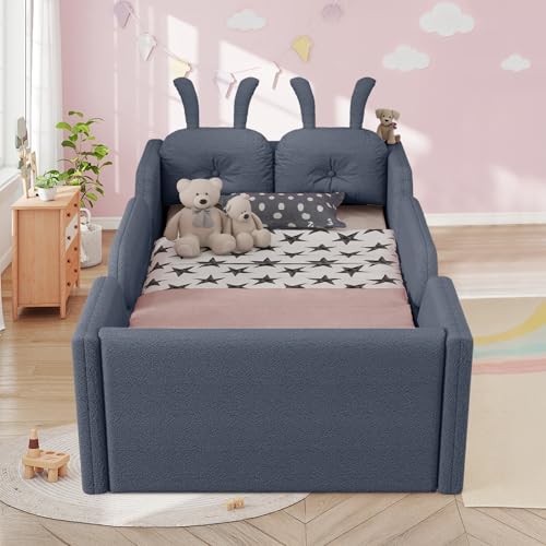 Image of Twin Size Kids Bed with Rabbit Cushions, Upholstered Boucle Fabric Platform Floor Twin Daybed with Removable Side Rail, Space-Saving Wooden Corner Sofa Couch Bed Frame for Girls, Boys, Teenager(Grey)