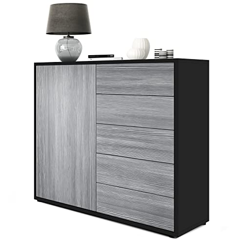 Vladon Buffet Ben V2, Commode avec 1 Portes et 5 tiroirs, Noir Mat/Avola-Anthracite (79 x 74 x 36 cm)
