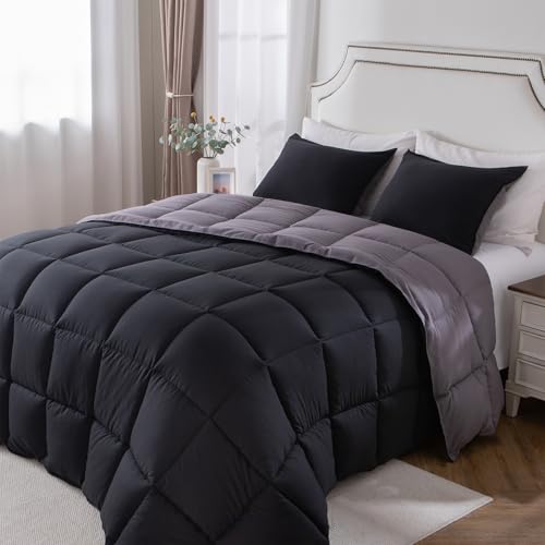 Image of KASENTEX Queen Comforter Set, Reversible,Goose Down Alternative,All Season | 250 GSM Fill, Ultra-Soft, Lightweight, Machine Washable, 1 Comforter + 2 Pillow Shams, Jet Black /Tornado