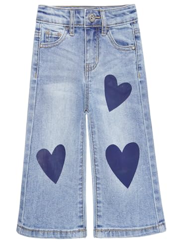KIDSCOOL SPACE Baby Girsl Wide-Leg Jeans,Heart-shapped Leather Decoration Denim Pants,Light Blue,18-24 Months