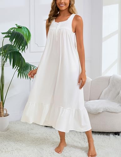 Women's Nightgown Cotton Victorian Nightdress Long Sleeveless Sleep Gown with 2 Pockets S-3XL2