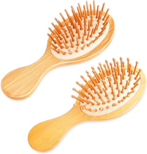 2 cepillos de bambú para el pelo, mini cepillo de bambú para el pelo, antiestático, cepillos de viaje para masaje del cabello, cepillo para desenredar el cuero cabelludo, amarillo, mini cepillo de