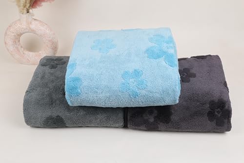 Image of HANKER Ultra Luxury Large /Full Size Plush Bath Towel | Set of 3 | Black, Blue and Green Super, Very Soft On Skin, Luxurious Fabric, Pure Polyamide, 70x140cm, 500GSM