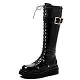  SheSole Damen Kniehohe Schnürstiefel mit Plateau Langschaft Lackstiefel Schwarz Gr 39