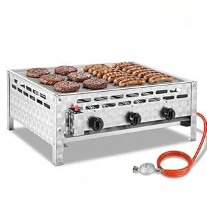 TLSUNNY Edelstahl Gasbräter 3-flammig 12 kW, Profi Gasgrill, Gastrobräter gas mit Grillrost, Tischgasgrill für Gastronomie, Outdoor, Garten, Wurstbrater, 59.5x48 cm Grillfläche, 4 PCS Füße