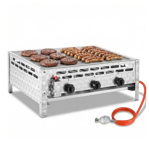 TLSUNNY Edelstahl Gasbräter 3-flammig 12 kW, Profi Gasgrill, Gastrobräter gas mit Grillrost, Tischgasgrill für Gastronomie, Outdoor, Garten, Wurstbrater, 59.5x48 cm Grillfläche, 4 PCS Füße