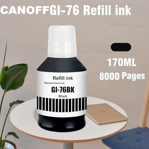 Image of CANOFF GI-76 Ink Bottle Water Based Refill Ink Suitable for Canon MAXIFY GX5070,GX6070,GX7070 Printer (Black Pack of 1, 170ml)
