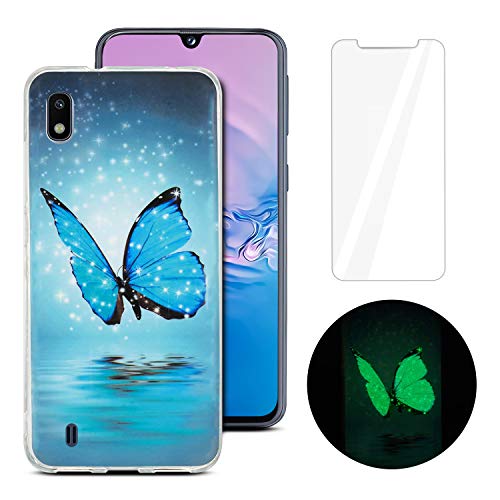 Funda Samsung A10 + Protector de Pantalla Vidrio Templado, CaseLover Suave Silicona Carcasa para Samsung Galaxy A10 Luminoso TPU Flexible Case Verde Fluorescente Brillo Nocturno Cover Caso, Mariposa