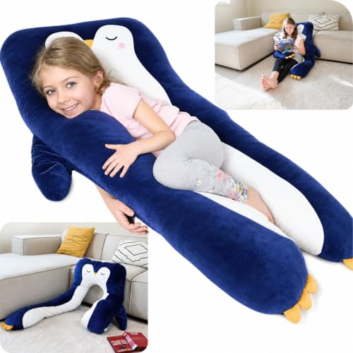 LUNAMIRA Penguin Kids Body Pillow - 47" U-Shape Long Plush Animal Pillow for Kids, Sleeping, Reading, ADHD & Special Needs Comfort, Anxiety, Washable Cover, Snuggle Fun Cuddle Gift for Boys & Girls