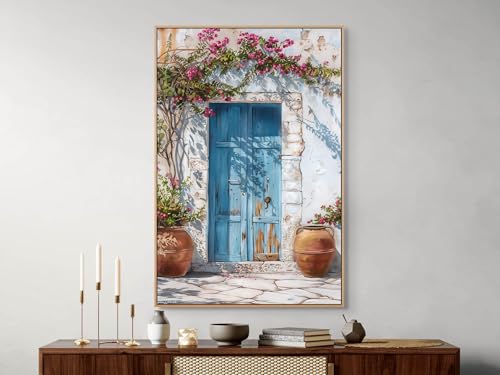 Tableau de porte bleue art mural rustique moderne affiche méditerranéenne blanche maison 50x75cm