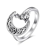 POPLYKE Celtic Wolf Rings for Women Sterling Silver Celtic Moon Wolf Open Rings Viking Rings for Men (silver wolf rings)