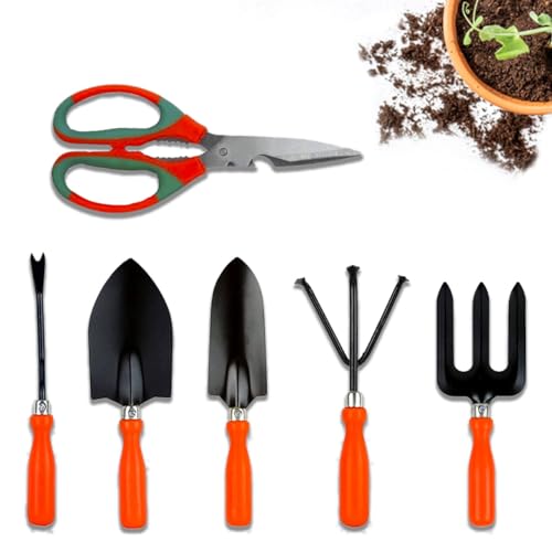 Image of Cinagro Garden Tools Kit (Set of 6) Weeder, 2 Trowels, Hand Fork, Cultivator, Gardening Scissor | Gardening Tools Kit for Home Garden, Indoor and Outdoor Gardening for Plants and Soil