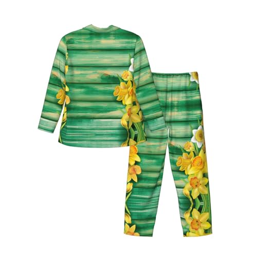 Pyjama jaune homme en coton doux imprimé jonquilles ensemble de nuit à boutons