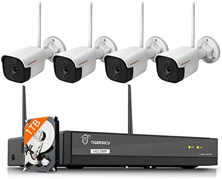 TIGERSECU 1080P WiFi NVR Security Camera System with 1TB Hard Drive, 4 Channel NVR, Weatherproof Cameras, Two Way Audio, Siren, AI Human Detection