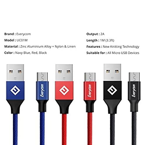 Image displaying key specifications of the Everycom UC01M cable, including brand, model, material, output, length, and compatibility.
