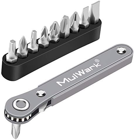 MulWark 11pc 1/4 Mini Ratchet Wrench Close Quarters Pocket Screwdriver Set with High Torque & Low Profile- Micro Right Angle EDC Tool with 90 Degree Mini Offset Reversible Drive Handle& Multi Hex Bit