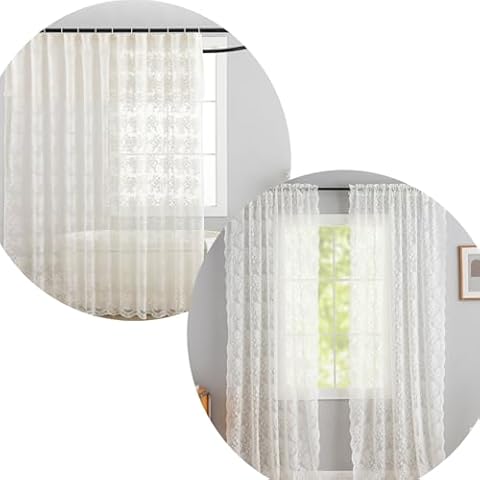 TUDEO Vintage Ivory Lace Shower Curtain and Elegant Rose Ivory Lace Curtains Cover