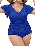 Curvtide Women Plus Size Swim Romper Swimsuits One Piece Swim Suit Modest Tummy Control Ruffle Sleeves Bathing Suits, Blue, XXL