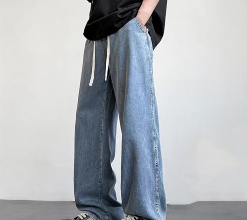 Men’S Wide Leg Jeans Mid Waist Loose Fit Straight Pants Casual Drawstring Closure Stonewashed Jeans2