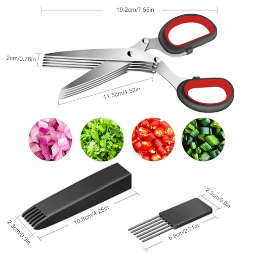Miniatura 2 de Tijeras Para Hierbas, Tijeras De Cocina De 5 Cuchillas De Acero Inoxidable, Tijeras De Especias Cebolletas Con Tapa De Seguridad Y Peine De Limpieza Para Hierbas Aromáticas, Cebolletas, Negro Rojo
