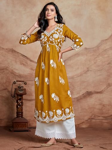 Image of EthnicJunction Women's Silk Blend Regular Fit Chikankari Embroidered Naira Cut Kurta