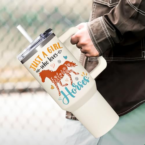 AT2Z GLOBAL Horse Gifts For Girls, Horse Gifts for Women, Christmas, Mothers Day, Birthday Gift For Horses Lovers 40 oz Tumbler With Lid, Handle and Straw, Just A Girl Who Loves Horses Cup by AT2Z GLOBAL - Used condition - Image 3