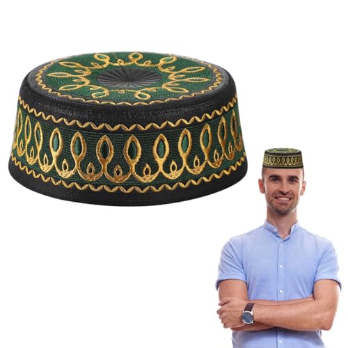 XGOPTS Muslim Prayer Kufi Hat Islamic Embroidery Prayer Skull Cap Ramadan Hat Arabian Omani Turkish Prayer Headwear for Eid Green