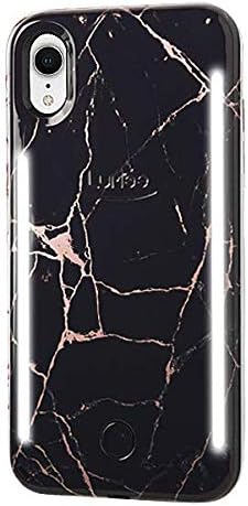 LuMee Duo Phone Case, Metallic Rose Black Marble | Front & Back LED Lighting, Variable Dimmer | Shock Absorption, Bumper Case, Selfie Phone Case | iPhone XR Only