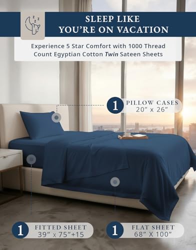 Image of LANE LINEN Twin Size Sheets for Girls 100% Egyptian Cotton - Estate Blue | Blue Twin Sheets - 3-Piece Set, 15 inch Deep-Pocket Snug Fit, 1000 Thread Count, Cozy For Everyday Beds, Luxe Sheen,