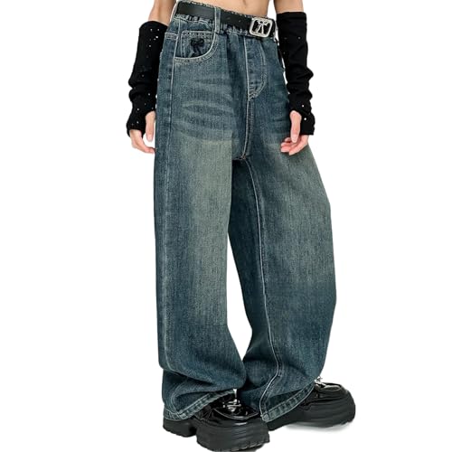 Baggy Jeans for Girls Embroidered Bow High Waist Wide Leg Pants Y2K Streetwear Cute Jeans for Girls Distressed Washed Casual