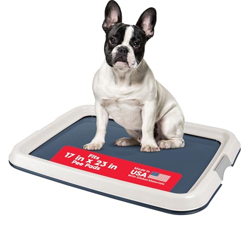Image of IRIS USA Pee Pad Holder for Dogs and Puppies, Potty Training Tray with Secured Latches, Non-Skid Feet, Leak Protection, Easy Clean Surface, Fits 17 inchx 23 inch Puppy Pads Size, Navy