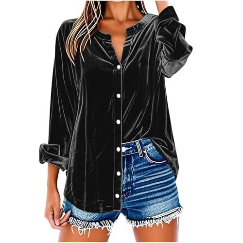 Velvet Tops for Women UK Longline Button Down Blouse Plus Size Tunic Tops V Neck Casual Dress Blouse Elegant Business Office Work Tee Shirts Loose Rolled Long Sleeve Shirts Black