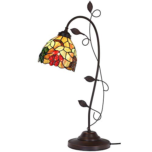 Bieye L10763 Grape Tiffany Style Stained Glass Table Lamp with Grapevine Decorated Base, 28 inches Tall