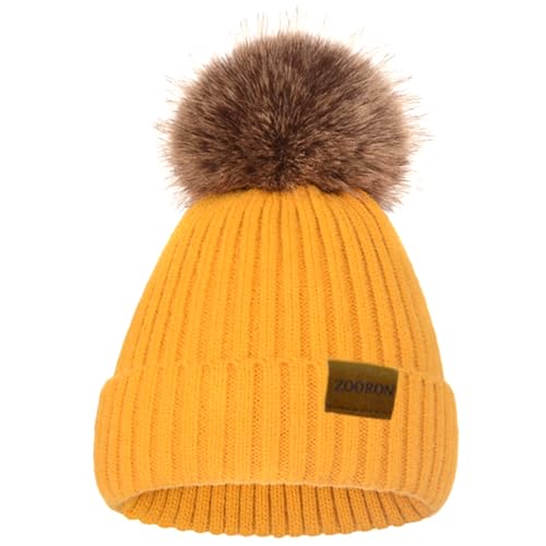 ZOORON Beanies for Womens Winter Knitted Beanies Hats with Faux Fur Pom Warm Knit Skull Cap (1Pack-Yellow)