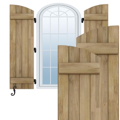 14"W x 42"H Americraft Four Board (2 Batten) Exterior Real Wood Joined Board-n-Batten Shutters w/Elliptical Top (Per Pair), Unfinished