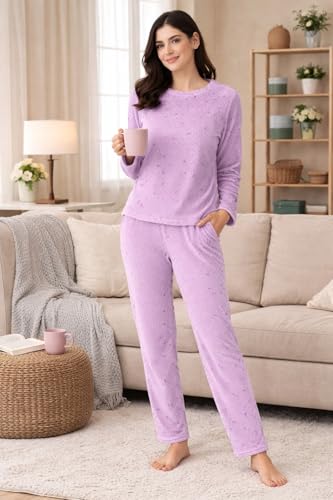 Image of CAMEY Women's Printed Full Sleeve Round Neck /V-Neck Top and Pajama Pants with Pockets