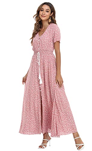 Image of VintageClothing Women's Floral Maxi Dresses Boho Button Up Split Summer Casual Long Dress Beach Party Dress