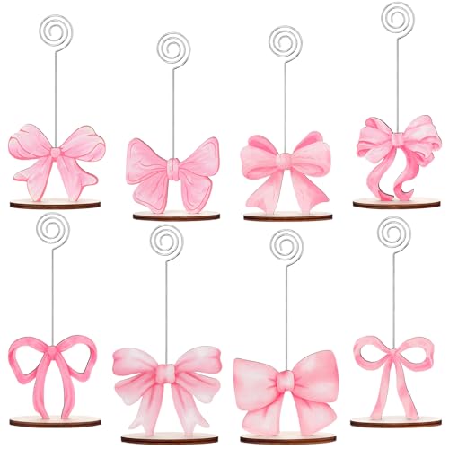 LIUBUJINGYING 8 Pcs Pink Bow Place Cards Coquette Bow Reserved Seating Signs Table Number Holders Metal Wire Memo Clips Stands Bow Party Decorations for Wedding Bow Party Birthday Baby Shower Office