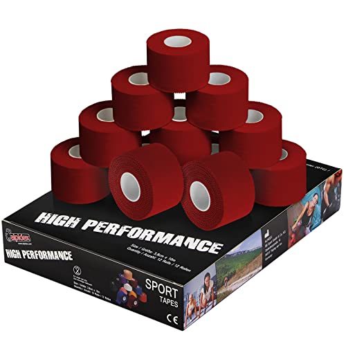 ALPIDEX 12 x Cinta Adhesiva Deportiva 3,8 cm x 10 m Diferentes CoIores Sport Tape 100% Algodón Inelástica Balonmano Fútbol Voleibol Escalada, Color:rojo