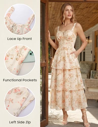 Corset Dress for Women Wedding Guest Floral Dresses Tiered Ruffle Maxi Cottagecore Dress Apricot Rose Size 10 — view 4