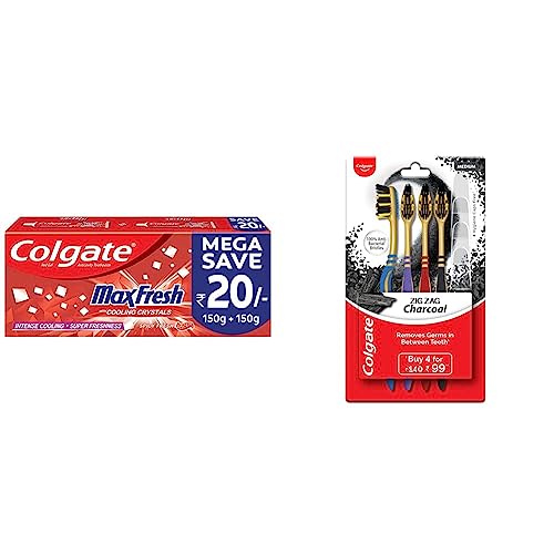 Image of Colgate Maxfresh Toothpaste, Red Gel Paste With Menthol For Super Fresh Breath, 300G, 150G X 2 (Spicy Fresh) & Zigzag Charcoal Medium Bristle Toothbrush - 4 Pcs