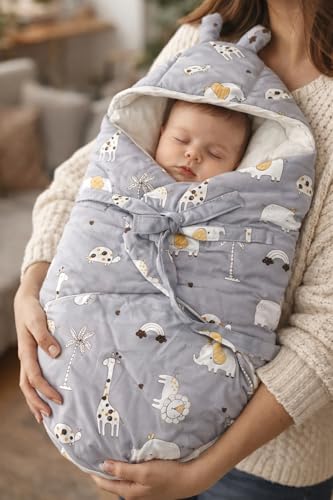Image of VoiDrop Baby Swaddle Wrap for Newborn 0 to 9 Months, Baby Sleeping Bag with Hood, Muslin Swaddle for All Season, Animal Print -Grey
