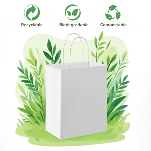 Brothersbox 100Pcs White Paper Gift Bags Medium Size 8x4.75x10 inch, Kraft Paper Bags with Handles Bulk for Shopping, Craft, Business, Retail, Party Favor, Takeout, Goodie, Grocery