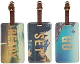 WORLD TRAVELER Luggage Tag Set - 3 Pack Baggage Tags Identifiers with ID Cards - Faux Leather Luggage Tags for Suitcases, Ready Set Go